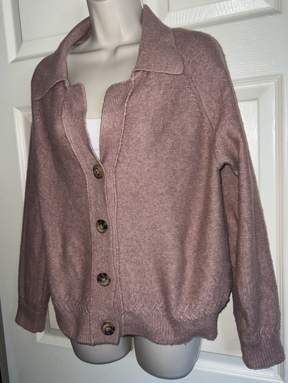 Tahari Woman Dusty Rose Button-Up Collared Cardigan
